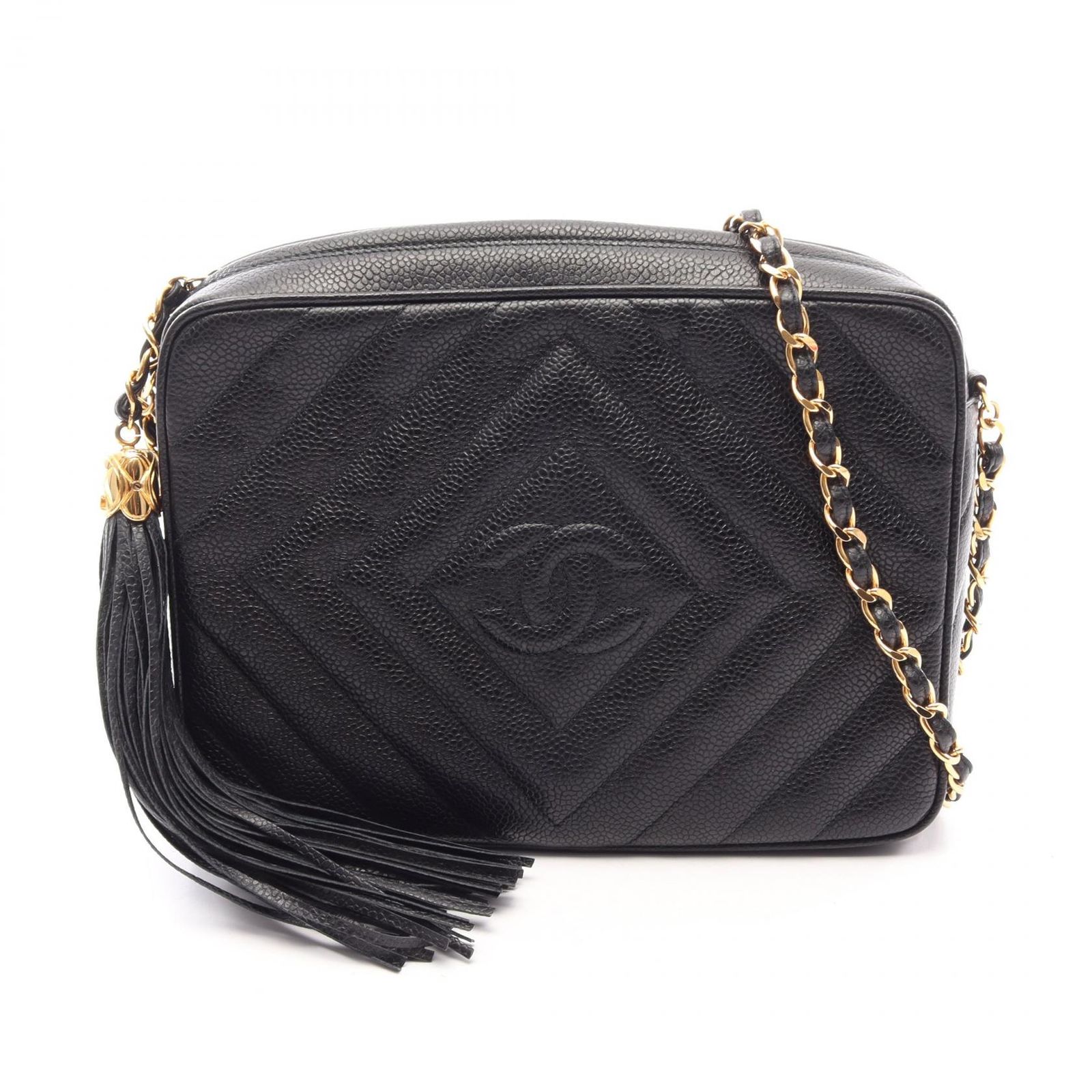シャネル CHANEL ショルダーバッグ ダイヤステッチ ココマーク ブラック キャビアスキン(グレインドカーフ) ダイヤステッチ フリンジ チェーンショルダー レディース