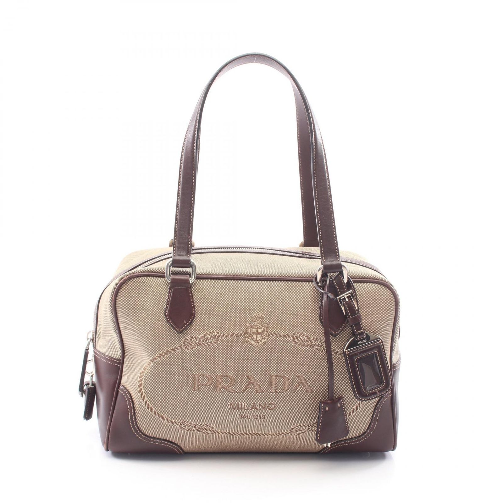 プラダ PRADA ハンドバッグ LOGO JACQUARD ロゴジャガード ベージュ/ブラウン キャンバス レザー ロゴジャガード ショルダーバッグ レディース Used B 50,880円