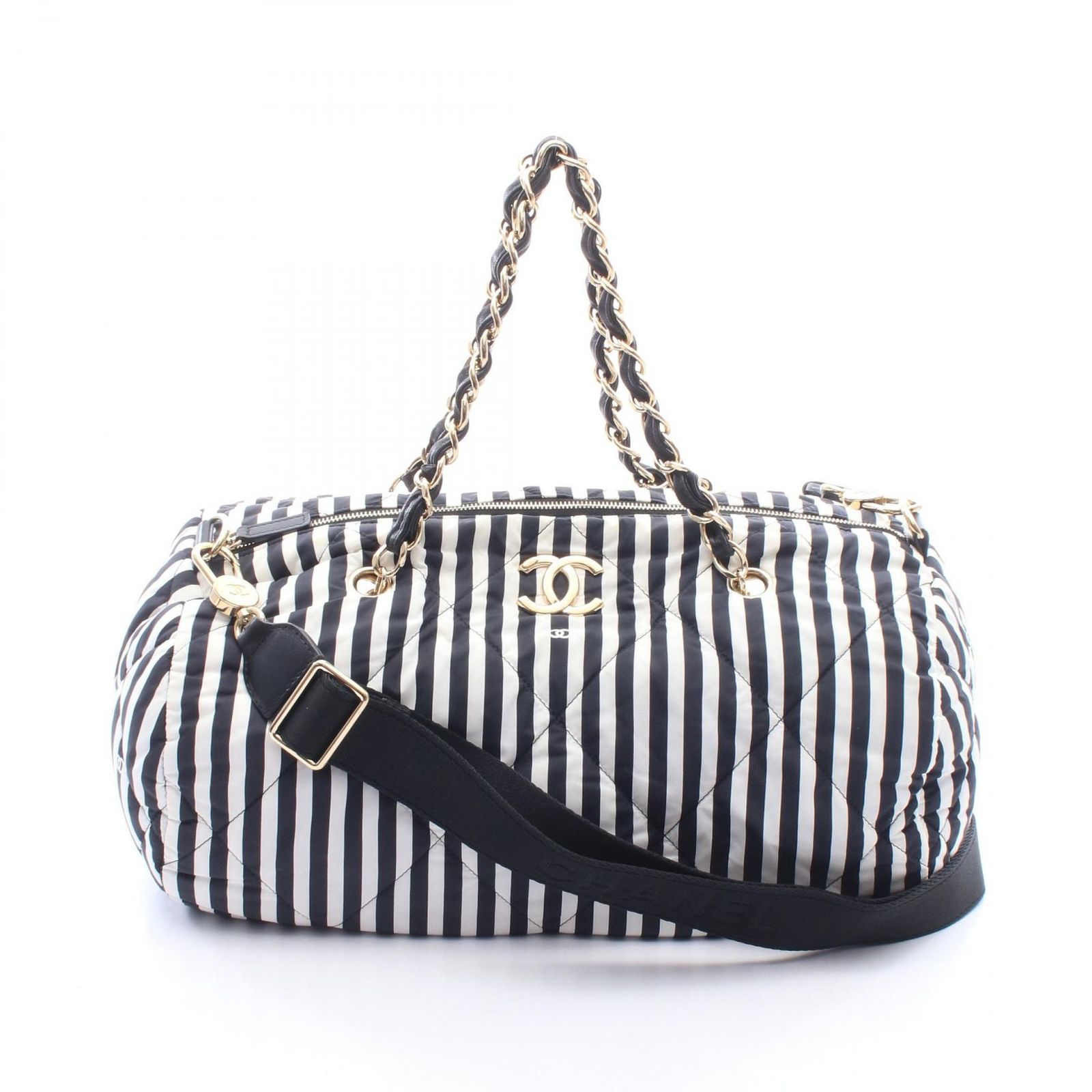 シャネル CHANEL ハンドバッグ ココマーク ボーリングバッグ ストライプ 2WAY AS4696 ブラック/ホワイト ナイロン レザー ラージ ボーリングバッグ レディース Used B
