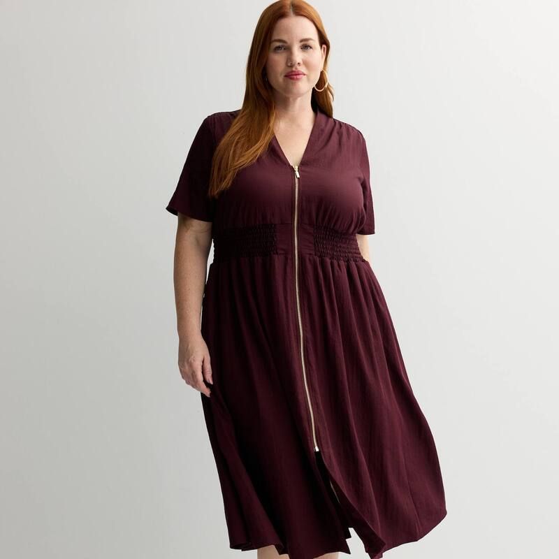 ナインウェスト レディース トップス ワンピース プラスサイズ ミディ Plusize Nine West Zip Front Midi Dress Maddie Plum プラム