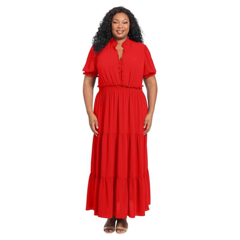 ロンドンタイムス レディース トップス ワンピース プラスサイズ フリル マキシ Plusize London Timesmock Puff Sleeve Ruffle Neck Maxi Dress