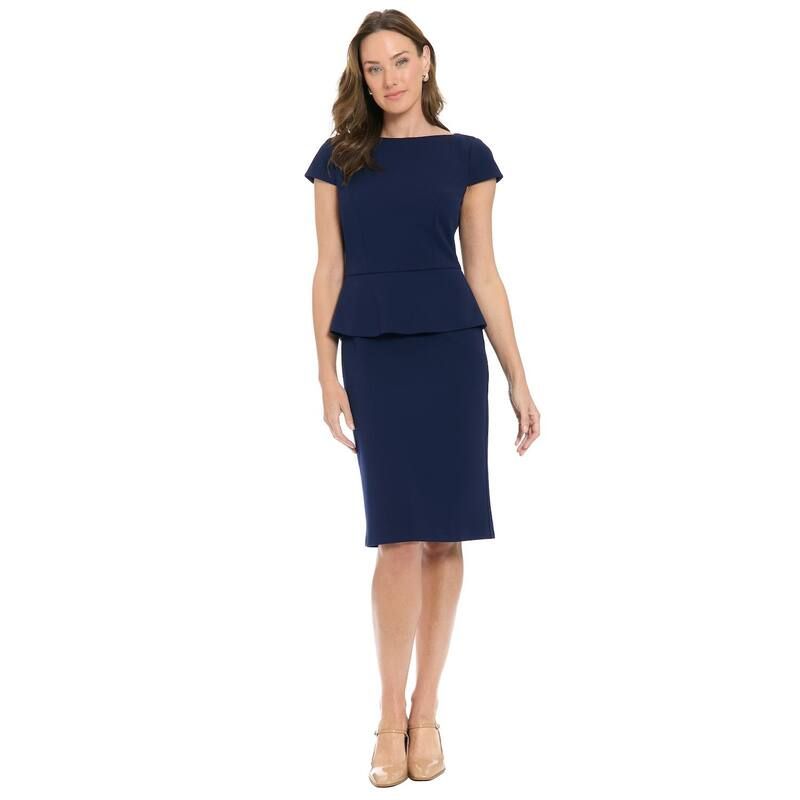 ロンドンタイムス レディース トップス ワンピース プチ キャップ Petite London Times Cap Sleeve Peplum Sheath Dress Navy ネイビー