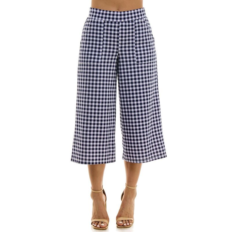ニナレオナルド レディース ボトムス カジュアルパンツ ギンガムチェック ギンガム Womens Nina Leonard Gingham Coulotte Pants Navy White ホワイト
