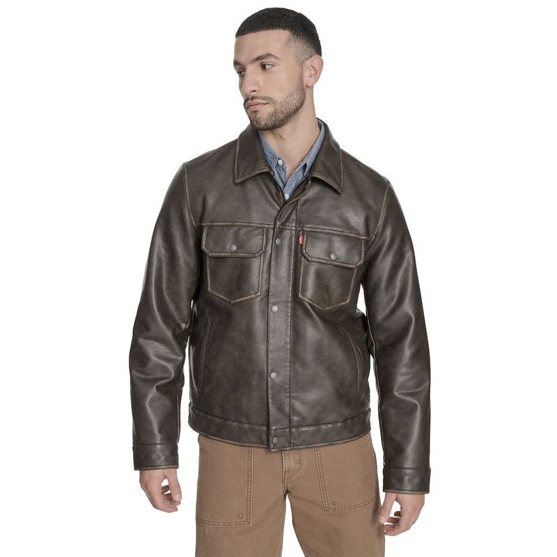 リーバイス メンズ アウター ジャケット・ブルゾン レザー フェイクレザー Mens Levis Faux Leather Modern Trucker Jacket Brown ブラウン 12,195円