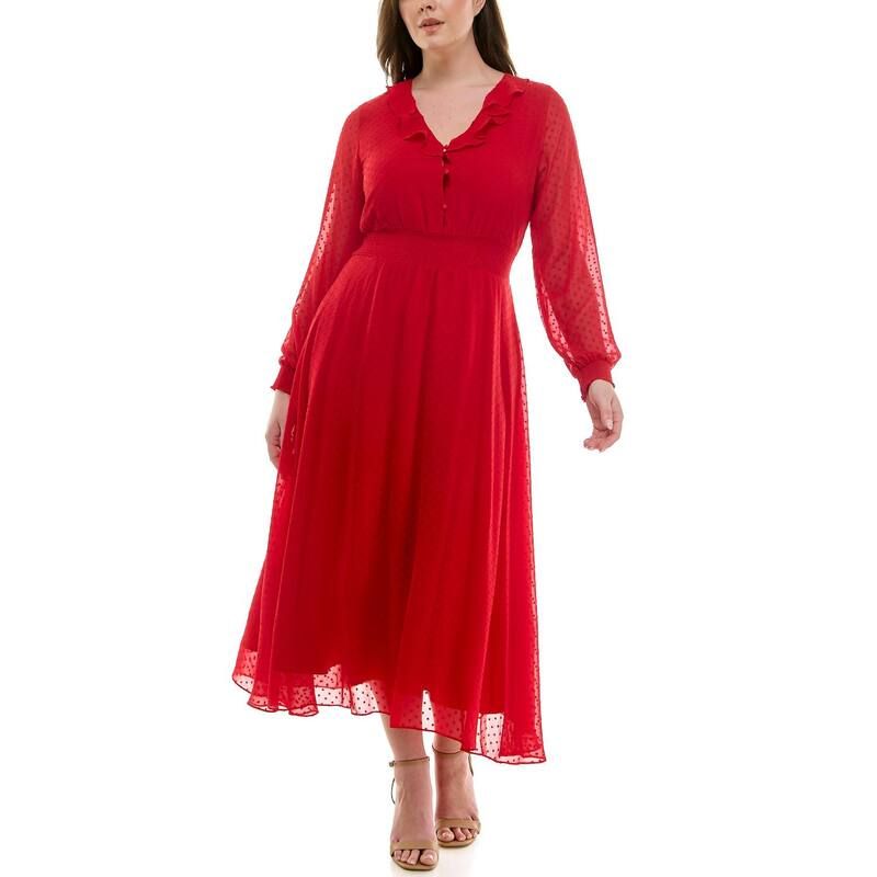 ナネットレポー レディース トップス ワンピース フリル Womens Nanette Lepore Long Sleeve Jacquardress with Ruffle Chest Red Ri