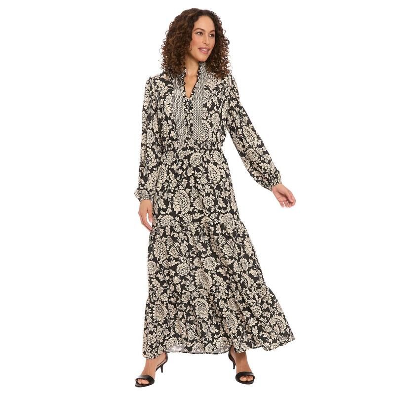 ロンドンタイムス レディース トップス ワンピース フリル Womens London Times Ruffle Neck Smock Waist Long Bishop Sleeve Dress B