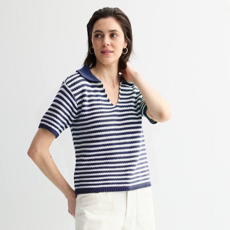 ソノマ レディース アウター ニット・セーター Womensonoma Goods For Life Short Sleeve Collared Sweater White Navy Stripe ホ