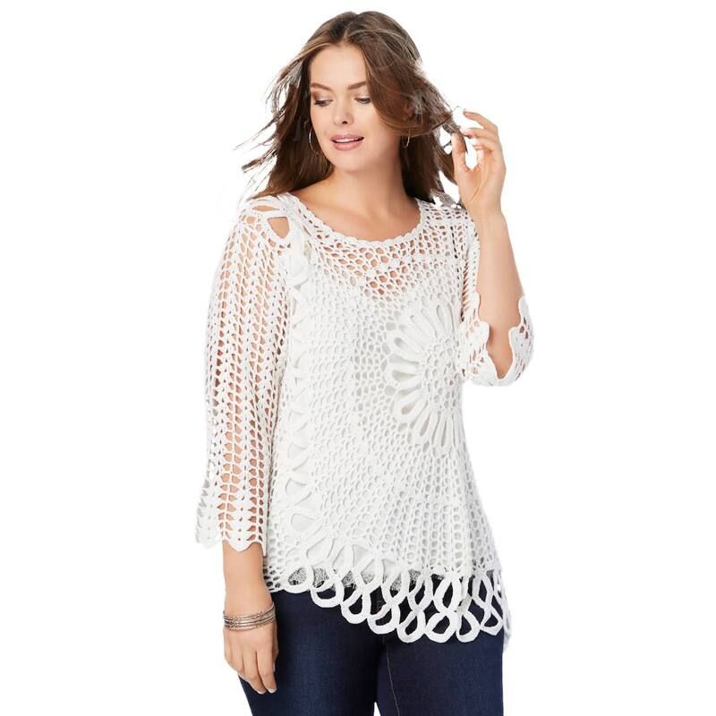 ロアマンズ レディース アウター ニット・セーター プラスサイズ Roamans Womens Plusize Starburst Crochet Sweater White ホワイト