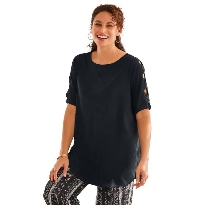 ウーマン ウィズイン レディース トップス Tシャツ カットアウト プラスサイズ Woman Within Plusize CutOut Sleeve Tunic Black ブラック