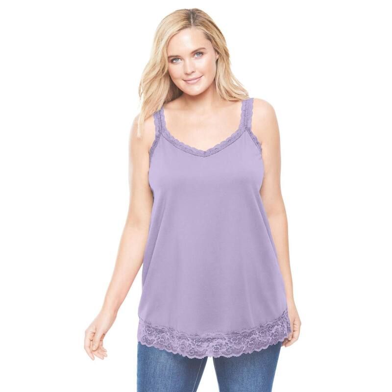 ウーマン ウィズイン レディース トップス Tシャツ Vネック プラスサイズ レース Woman Within Plusize LaceTrim VNeck Tank Pale Lilac ライラック
