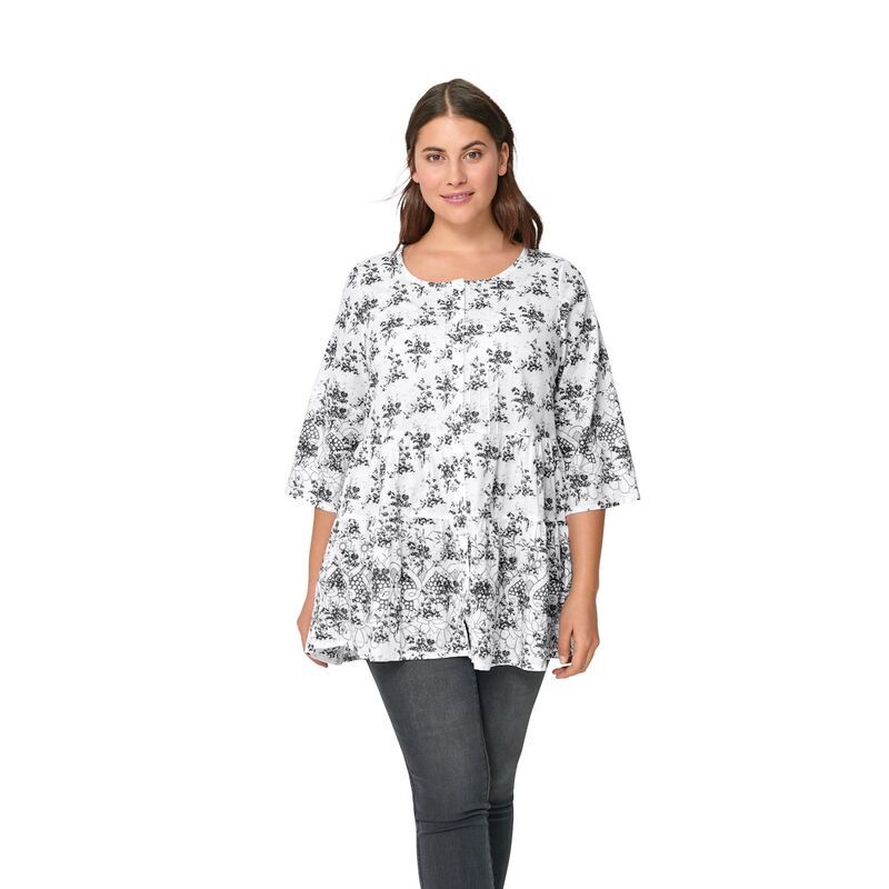 Ellos レディース トップス Tシャツ ティアード フラワー柄 プラスサイズ フラワー ellos Plusize Tiered Floral 34 Sleeve Tunic Black Whit 11,085円