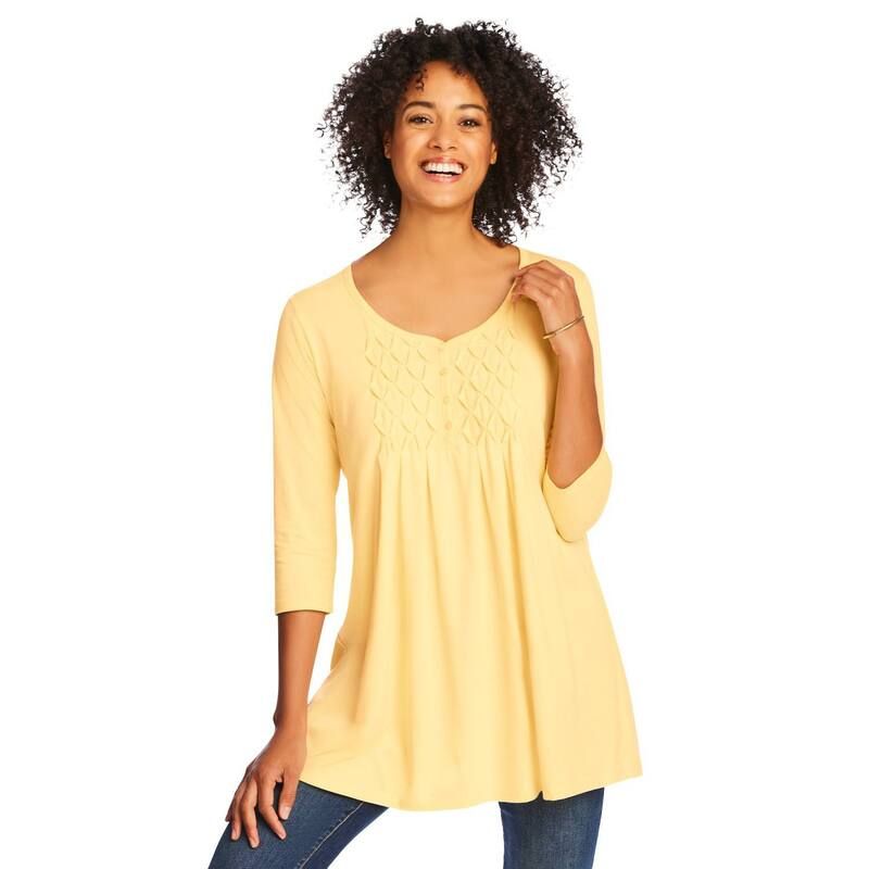 ウーマン ウィズイン レディース トップス Tシャツ プラスサイズ シャーリング Woman Within Plusize Smocked Henley Trapeze Tunic Banana