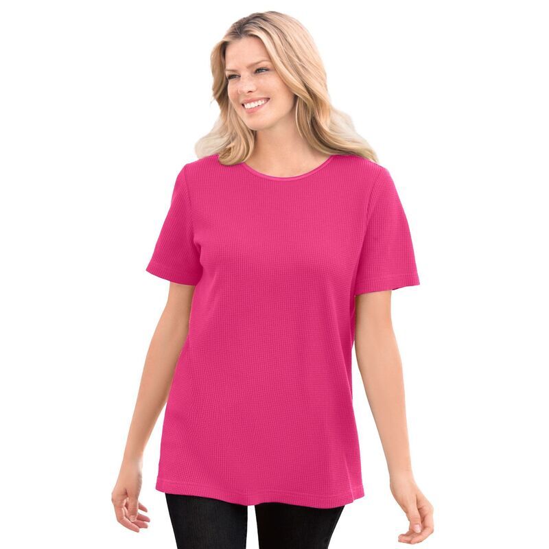 ウーマン ウィズイン レディース トップス Tシャツ プラスサイズ サテン Woman Within Plusize Waffle Thermal Satin Trim Tee Raspberry S