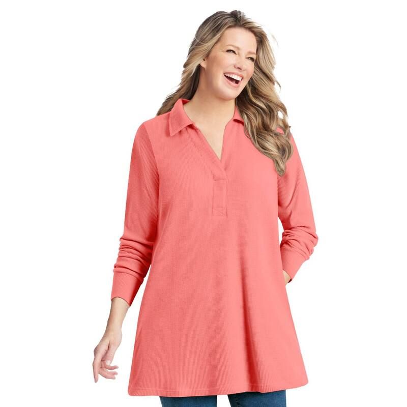 ウーマン ウィズイン レディース トップス Tシャツ プラスサイズ Woman Within Plusize Relaxed WaffleThermal Tunic Sweet Coral コーラル