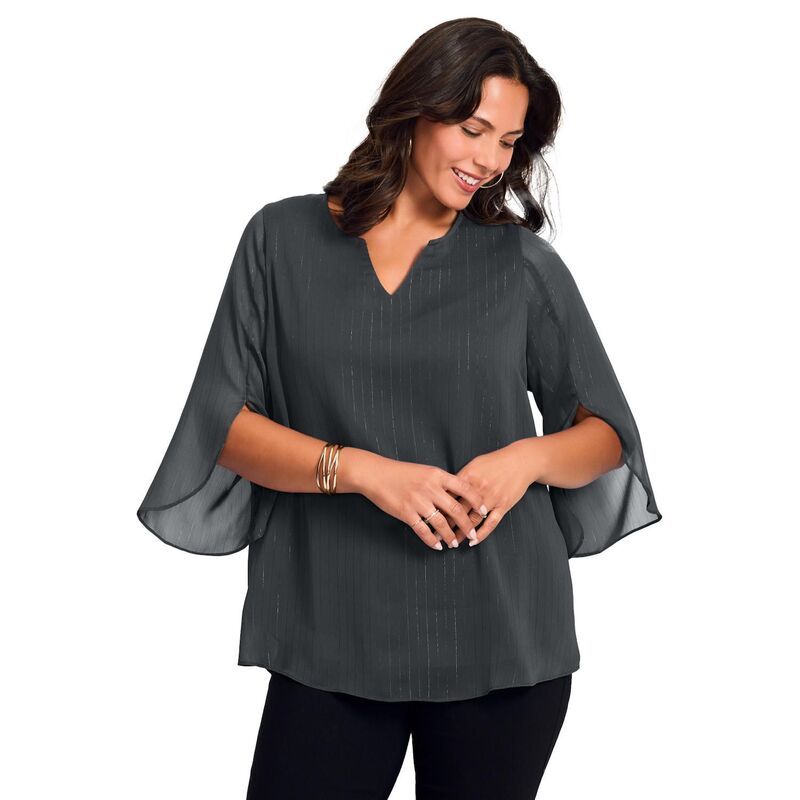 アベニュー レディース トップス シャツ プラスサイズ ブラウス Avenue Womens Plusize Lurex Stripe Tulip Sleeve Blouse Dark Charcoa