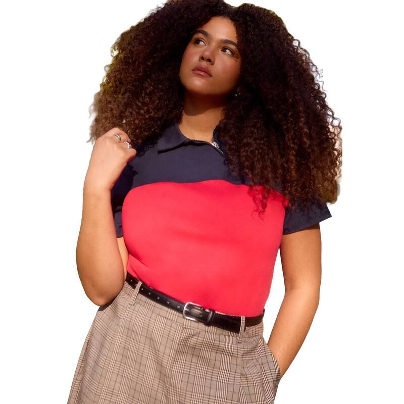 エロクイ レディース トップス Tシャツ ポロシャツ プラスサイズ ELOQUII Womens Plusize Asym Zipper Neck Polo Shirt Red And Navy ネイ