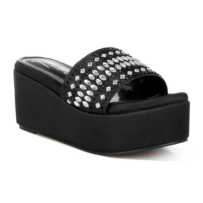 ロンドンラグ レディース シューズ サンダル London Rag Batanga Womens Rhinestone Flatform Wedge Slide Sandals Black ブラック