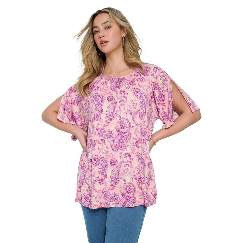 ロアマンズ レディース トップス シャツ プラスサイズ Roamans Womens Plusize Shirred Scoop Neck Split Bell Sleeve Tee Primrose