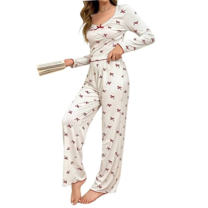 イエスファッション レディース アンダーウェア ナイトウェア ワイドレッグ パンツ レース Yesfashion Womens 2 Piece Pajamaset Bow Lace Long Slee