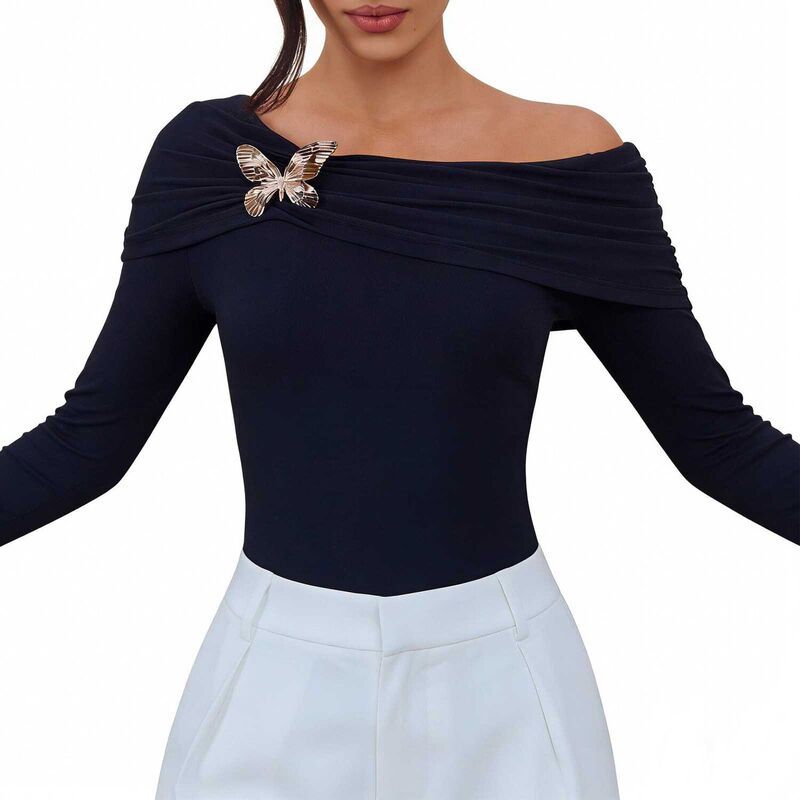 エリートスピリット レディース トップス シャツ ドレープ ブラウス EliteSpirit Womens Draped Off Shoulder Long Sleeve Top Butterfly 10,765円