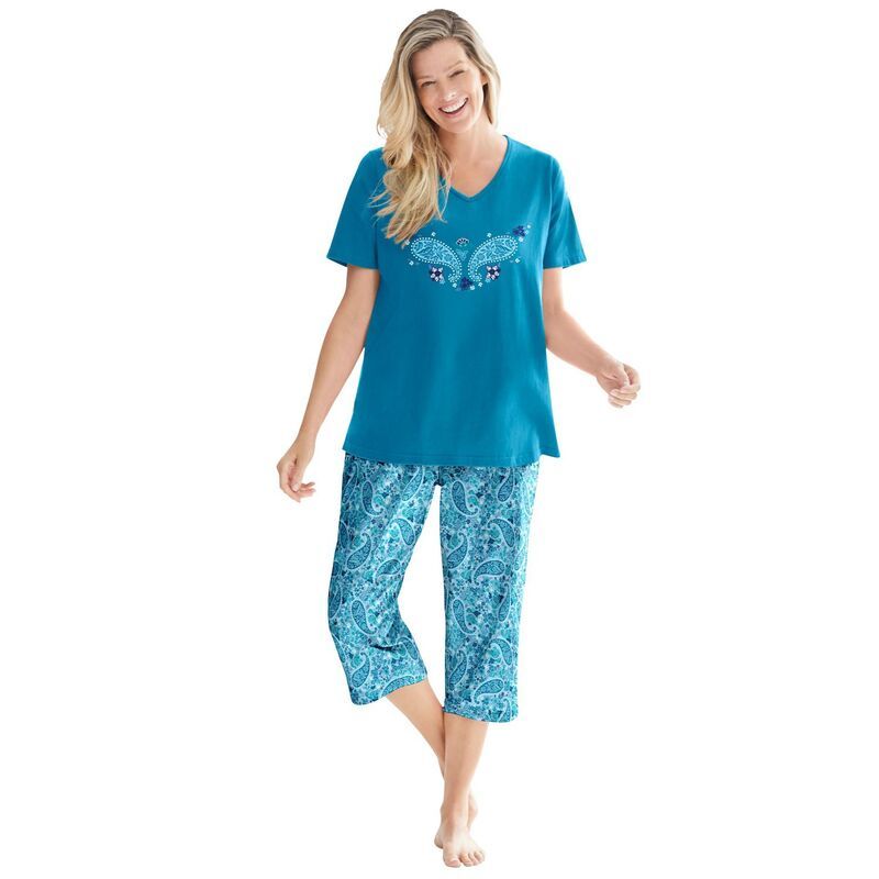 ドリームスアンドコー レディース アンダーウェア ナイトウェア プラスサイズ キャップ Dreams Co Plusize 2Piece Capri PJ Set Pale Ocean Paisley