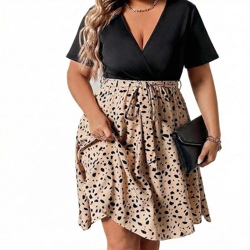 セオリア レディース トップス ワンピース Vネック プリント ミニ Seoria Short Sleeve V Neck Mini Dress Leopard Printie Waist Casua