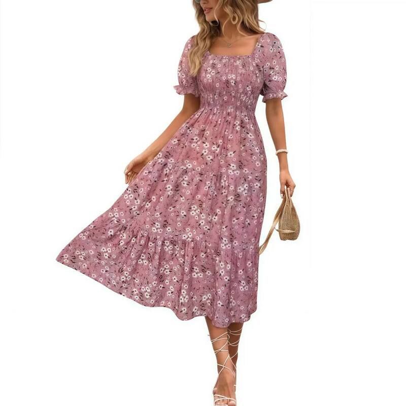 エリートスピリット レディース トップス ワンピース ティアード フリル ミディ シャーリング EliteSpirit Womensummer Smocked Midi Dress Casual Pu