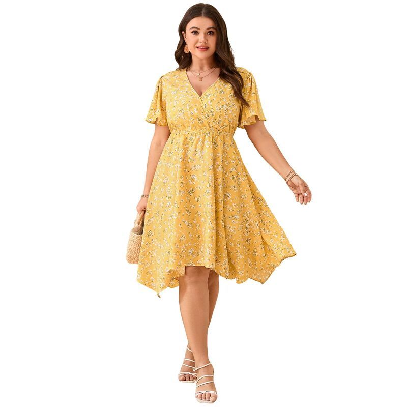 エリートスピリット レディース トップス ワンピース Vネック フラワー柄 プラスサイズ ミディ フラワー EliteSpirit Plusize Floral Midi Dress with Wra