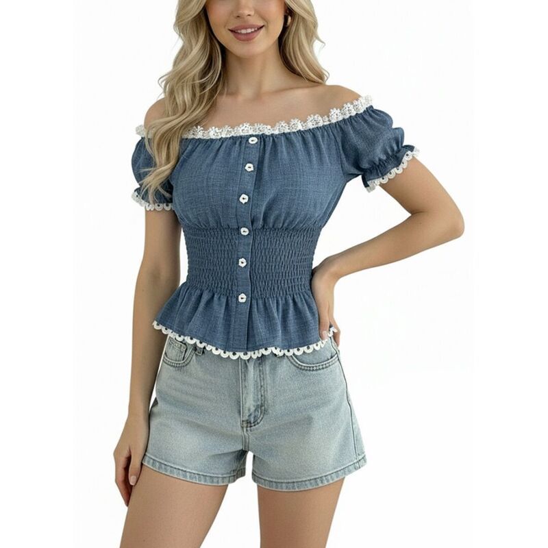 イエスファッション レディース トップス Tシャツ プリーツ ブラウス レース Yesfashion Womenslim Fitting Short Sleeved Tops Lace Off Sho