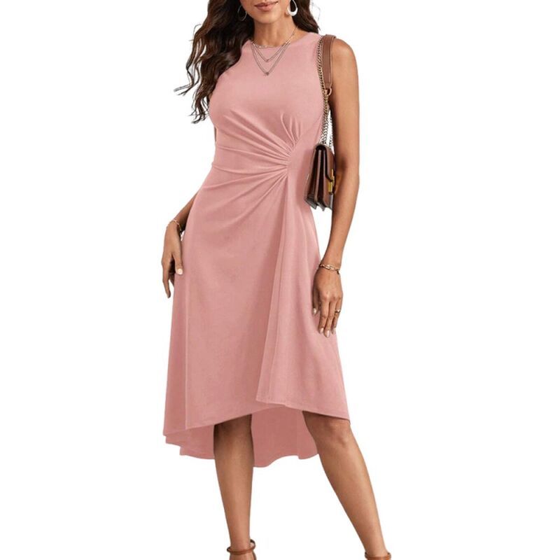 ジョイジョイ レディース トップス ワンピース ギャザー ミディ ノースリーブ JoyJoy Women Elegant Sleeveless Dress Ruched Waist High Low