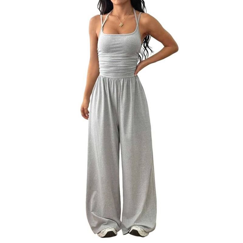クリアフラワー レディース トップス ワンピース ワイドレッグ ギャザー ノースリーブ ジャンプスーツ ホルター ClearFlower Womens Ruched Halter Jumpsuit S