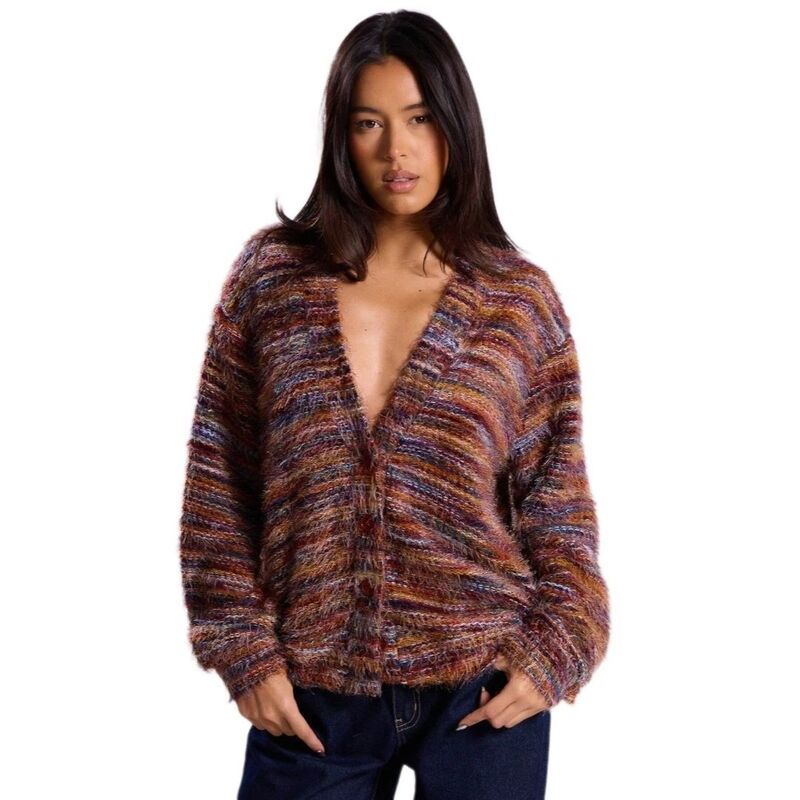 イエスファッション レディース アウター ニット・セーター ボタンダウン ドロップショルダー カーディガン ダウン Yesfashion Womens Oversized Striped Button