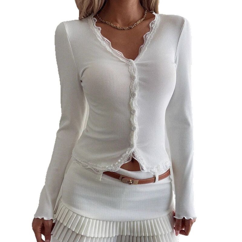 ジョイジョイ レディース トップス Tシャツ スリムフィット Vネック リブ パッチワーク カーディガン クロップド レース JoyJoy Womens Elegant VNeck Lace Patc 8,985円