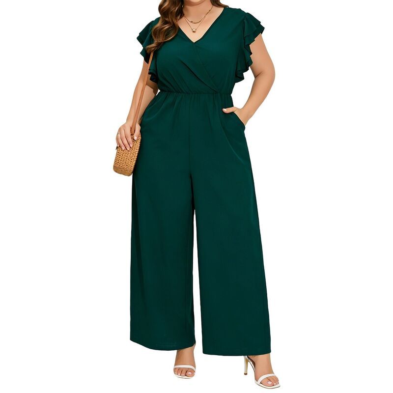 エリートスピリット レディース トップス ワンピース ワイドレッグ Vネック フリル パンツ ジャンプスーツ EliteSpirit Ruffled Sleeve VNeck Jumpsuit wit