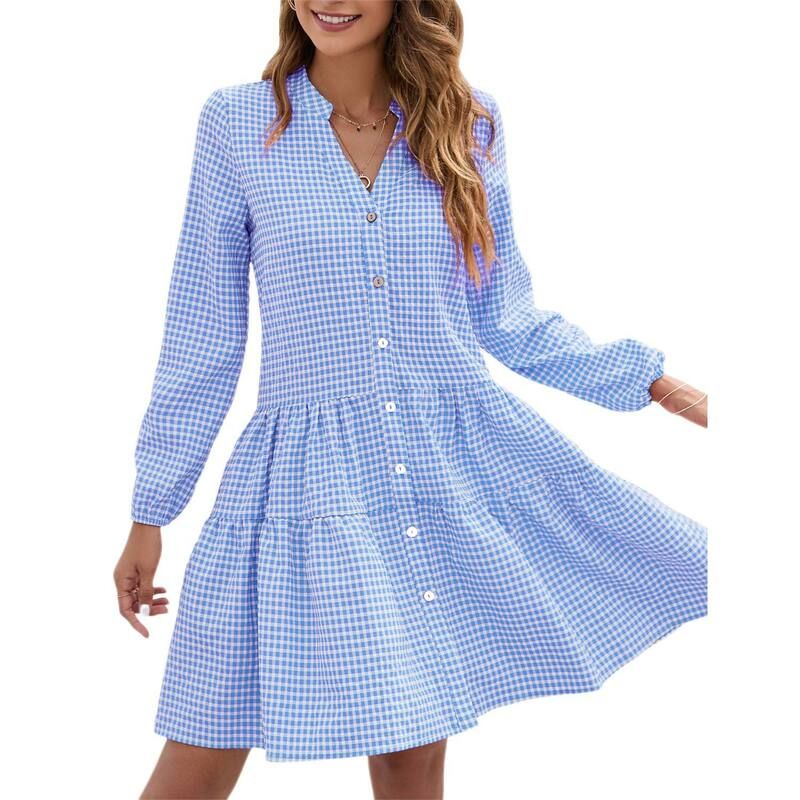 クリアフラワー レディース トップス ワンピース Vネック ボタンダウン ミニ ダウン ClearFlower Womens Plaid Mini Dress Casualong Sleeve V N
