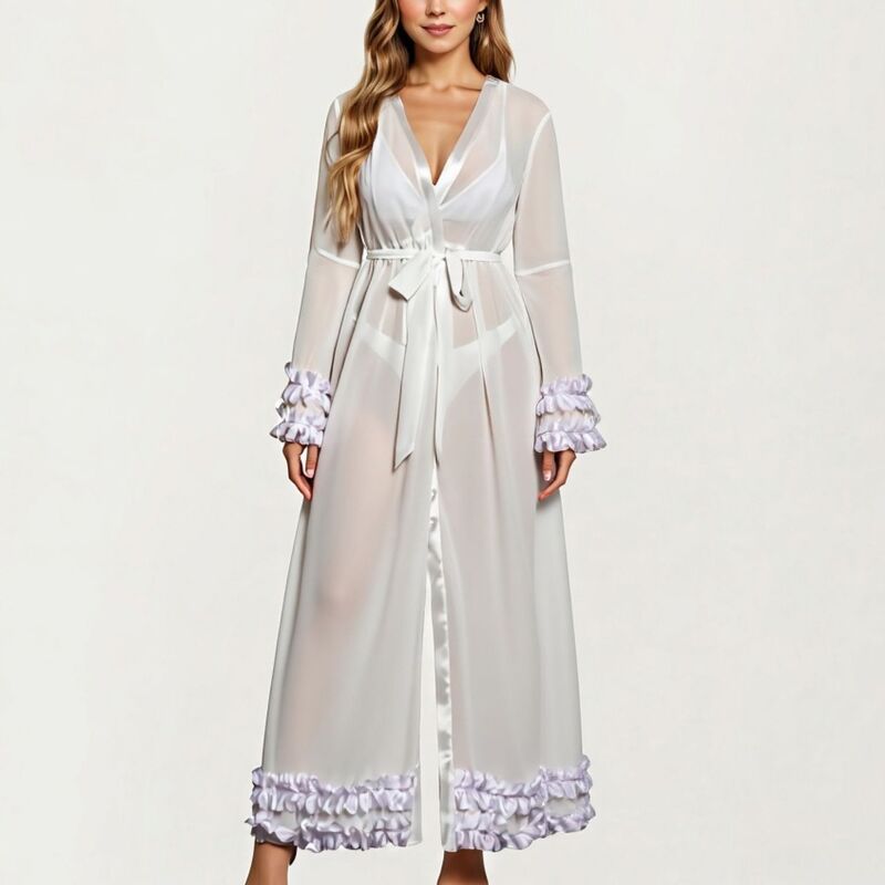 アンナカシ レディース アンダーウェア ナイトウェア フリル サテン AnnaKaci Womens Long Satin Robe with Ruffled Cuffs Hem and Tie Wa 14,804円