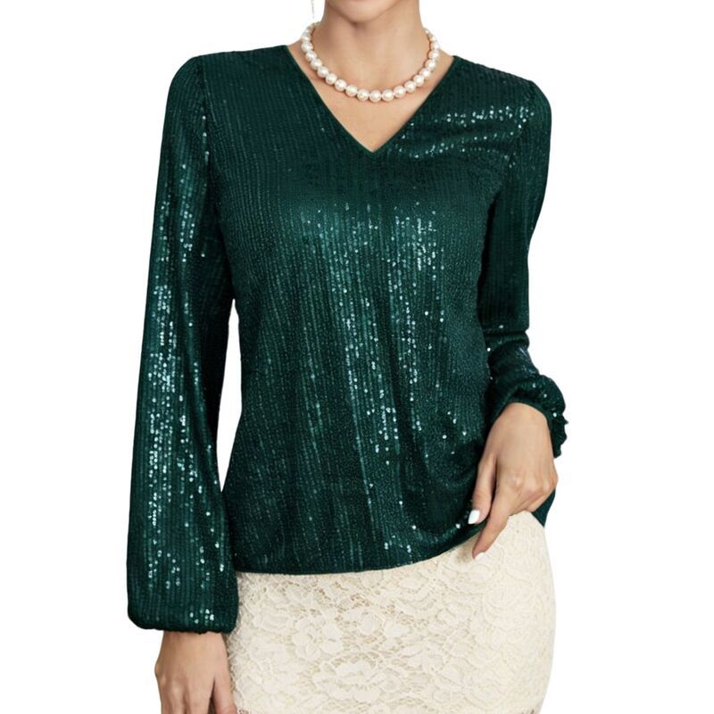 クリアフラワー レディース トップス シャツ Vネック スパンコール ブラウス ClearFlower Sequin VNeck Blouse with Billowy Lantern Sleeves
