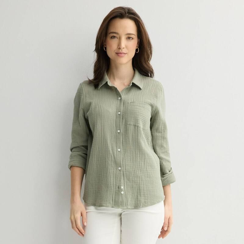 クロフト＆バロー レディース トップス シャツ ボタンダウン Womens Croft Barrow Double Cloth Button Down Shirt Kade Green グリーン長袖