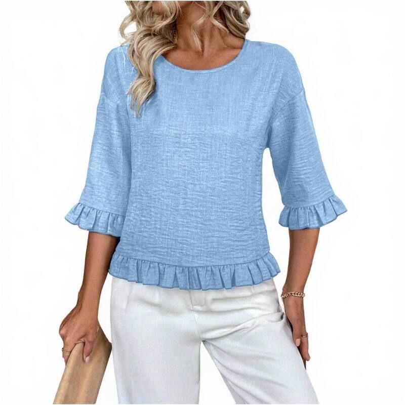 イエスファッション レディース トップス Tシャツ クルーネック ドロップショルダー フリル ブラウス Yesfashion Womens Ruffle 34 Sleeve Casual Blouse