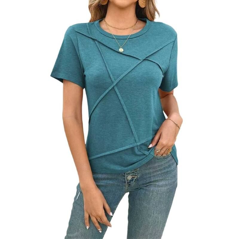 エリートスピリット レディース トップス Tシャツ プリーツ EliteSpirit Womensummer Tops Pleated Round Neck Short Sleeve Casual B