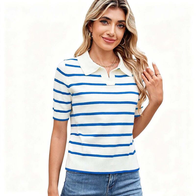 コジョイン レディース アウター ニット・セーター ポロシャツ KOJOOIN Women Short Sleevestriped Polo Collar Knit Pullover Sweater 7,441円
