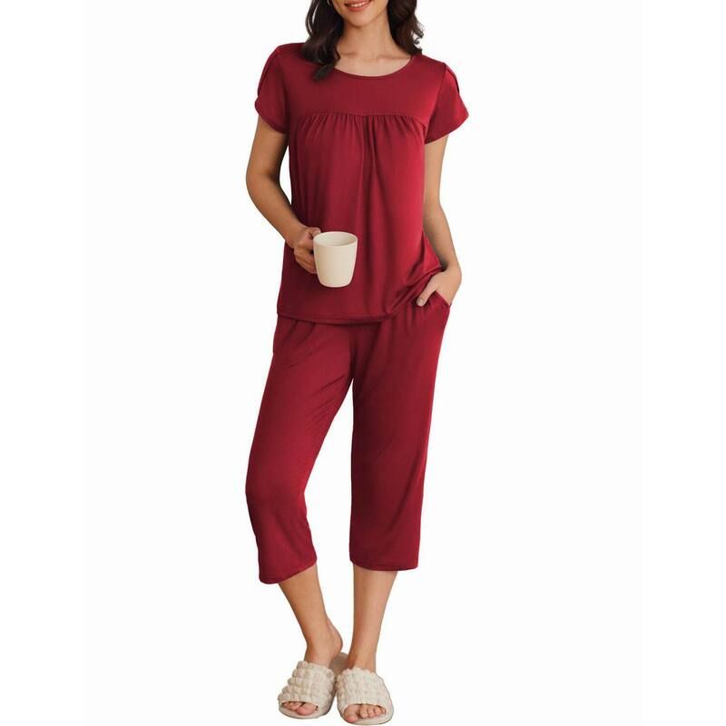 エコアー レディース アンダーウェア ナイトウェア プリーツ パンツ キャップ Ekouaer Womenshort Sleeve Pleated Top Capri Pajama Pantset W