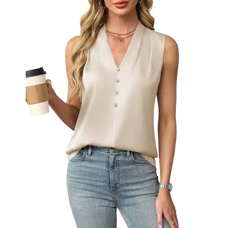 セオリア レディース トップス Tシャツ Vネック サテン ノースリーブラウス Seoria Womens Dressy Tank Topsummer Sleeveless Work Blousesa