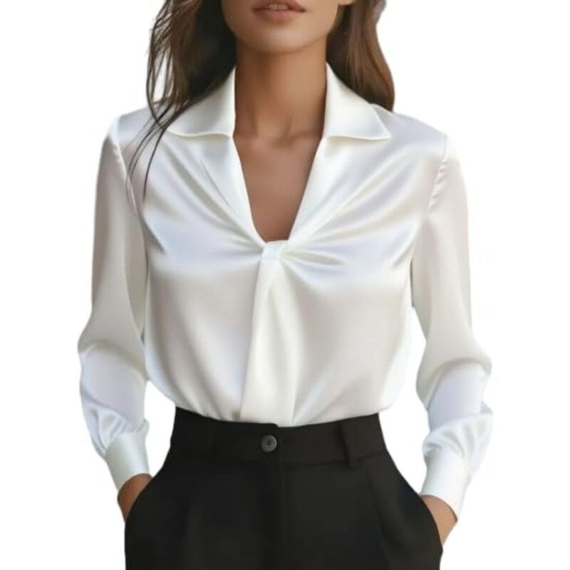 イエスファッション レディース トップス シャツ Vネック サテン ブラウス Yesfashion Womensatin Blouse Long Sleeve V Neck Lapel CollarT