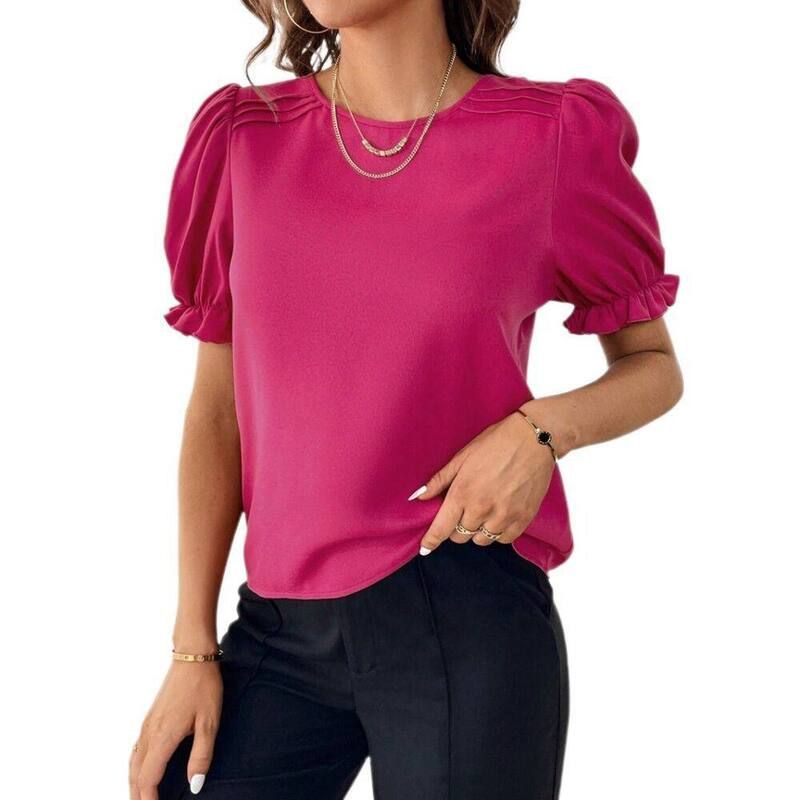 イエスファッション レディース トップス シャツ クルーネック シャーリング ブラウス Yesfashion Short Puff Sleeve Blouse for Women Crewneck S