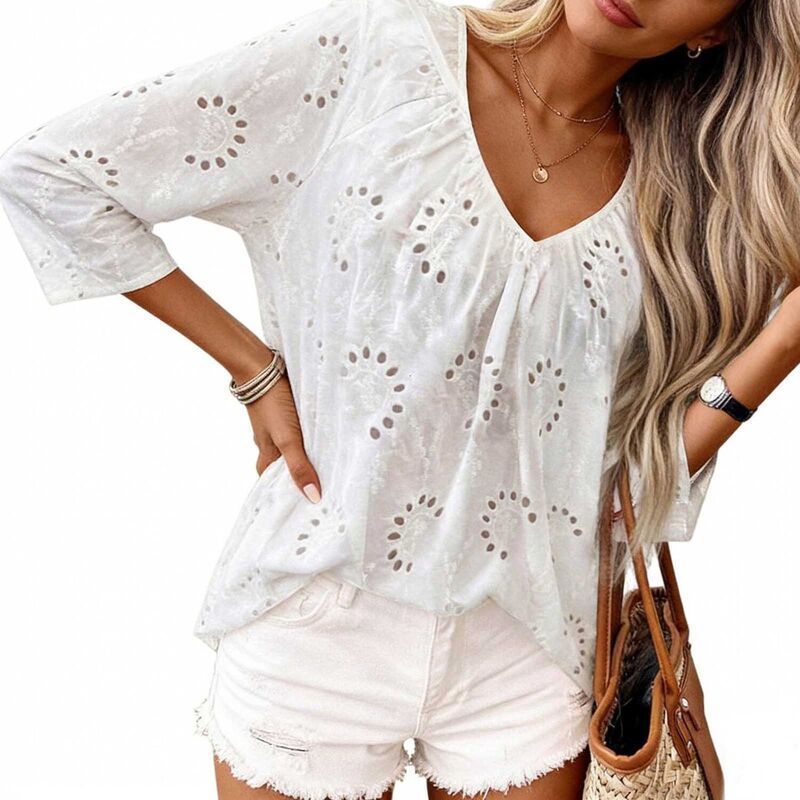 クリアフラワー レディース トップス シャツ Vネック ブラウス ClearFlower Womens Eyelet Embroidery V Neck Blouse 34 Sleeve Loose