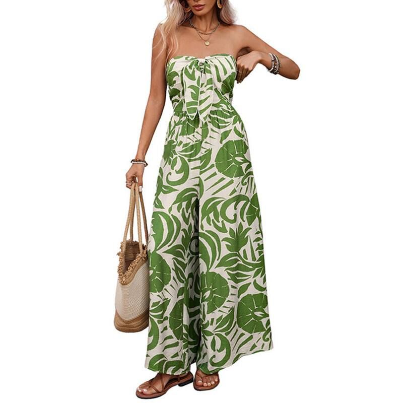 クリアフラワー レディース トップス ワンピース ワイドレッグ プリント ストラップレス シャーリング ジャンプスーツ ClearFlower Womensummer Wide Leg Straigh