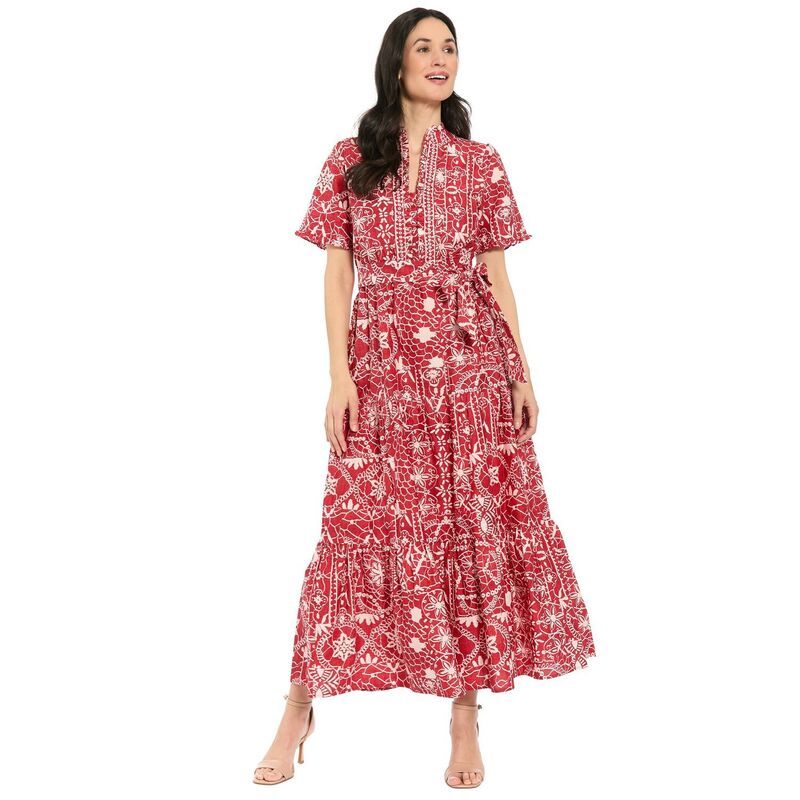 ロンドンタイムス レディース トップス ワンピース ティアード フリル マキシ Womens London Times Ruffle Neck Short Sleeve Tie red Maxi Dr
