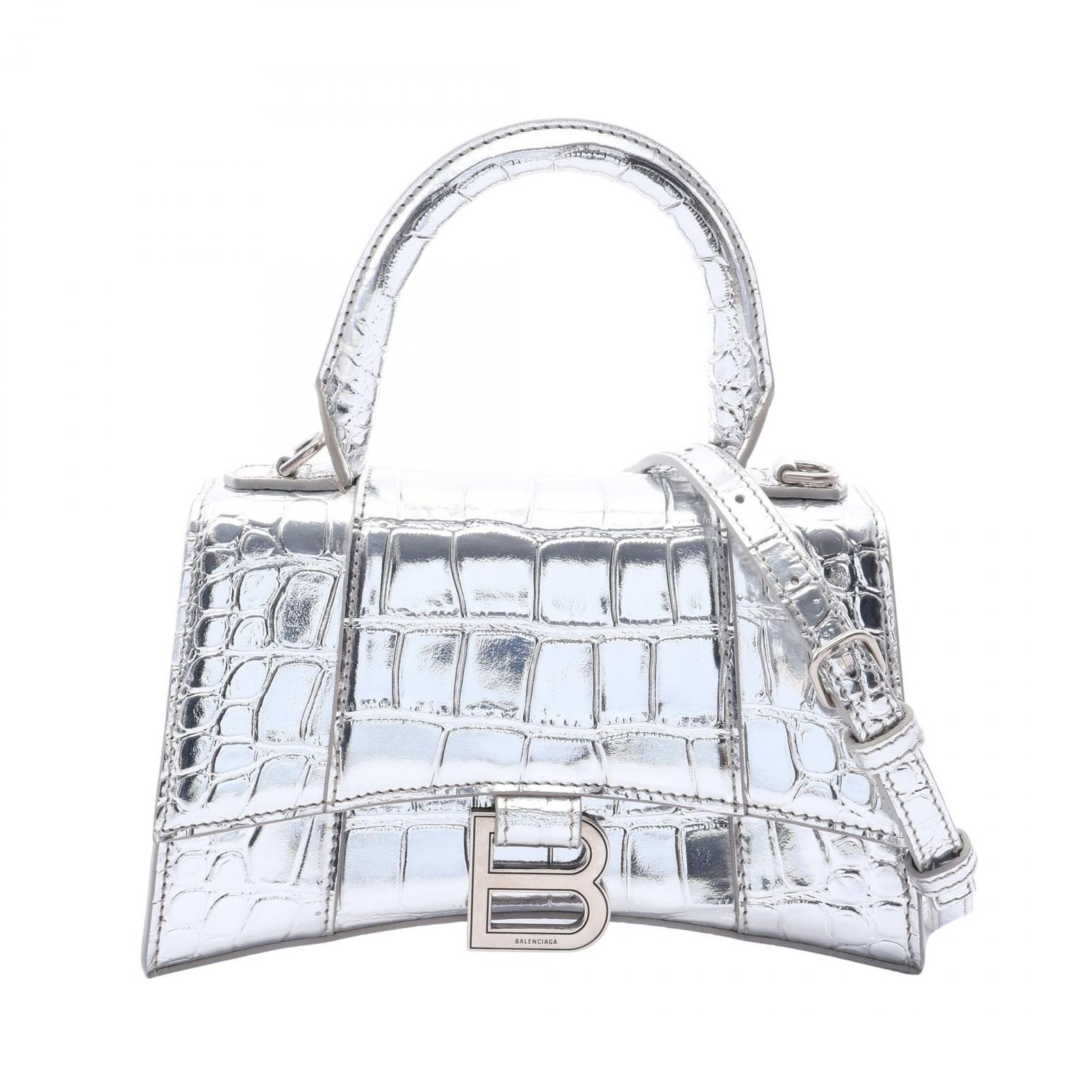 バレンシアガ BALENCIAGA ハンドバッグ HOURGLASS XS クロコ型押し 2WAY 592833 シルバー レザー アワーグラス XS レディース Used A