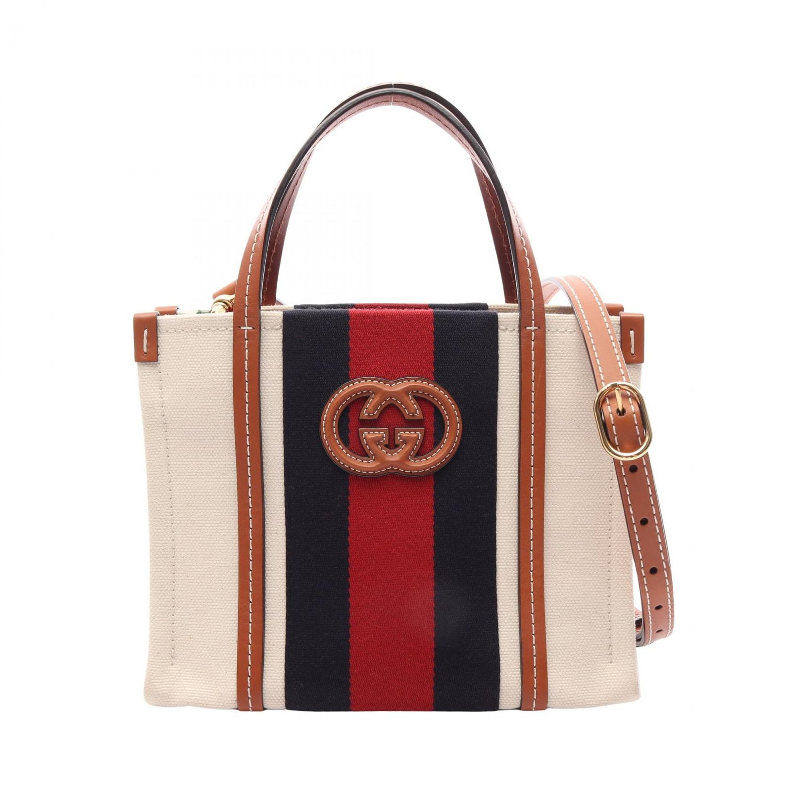 グッチ GUCCI トートバッグ インターロッキングG ミニ 2WAY 727735 ナチュラル/ネイビー/ブラウン キャンバス レザー インターロッキングG ミニ トートバッグ レディース